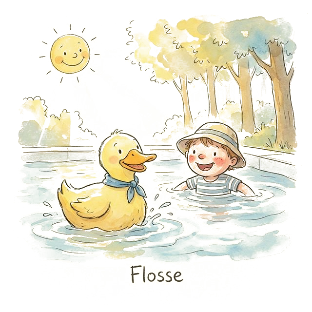 Flosse begleitet ein Kind beim Schwimmen lernen im sonnigen Pool